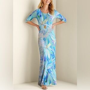 Soft Surroundings Women’s Stella Dress Painterly Blue Maxi Floral Size PL